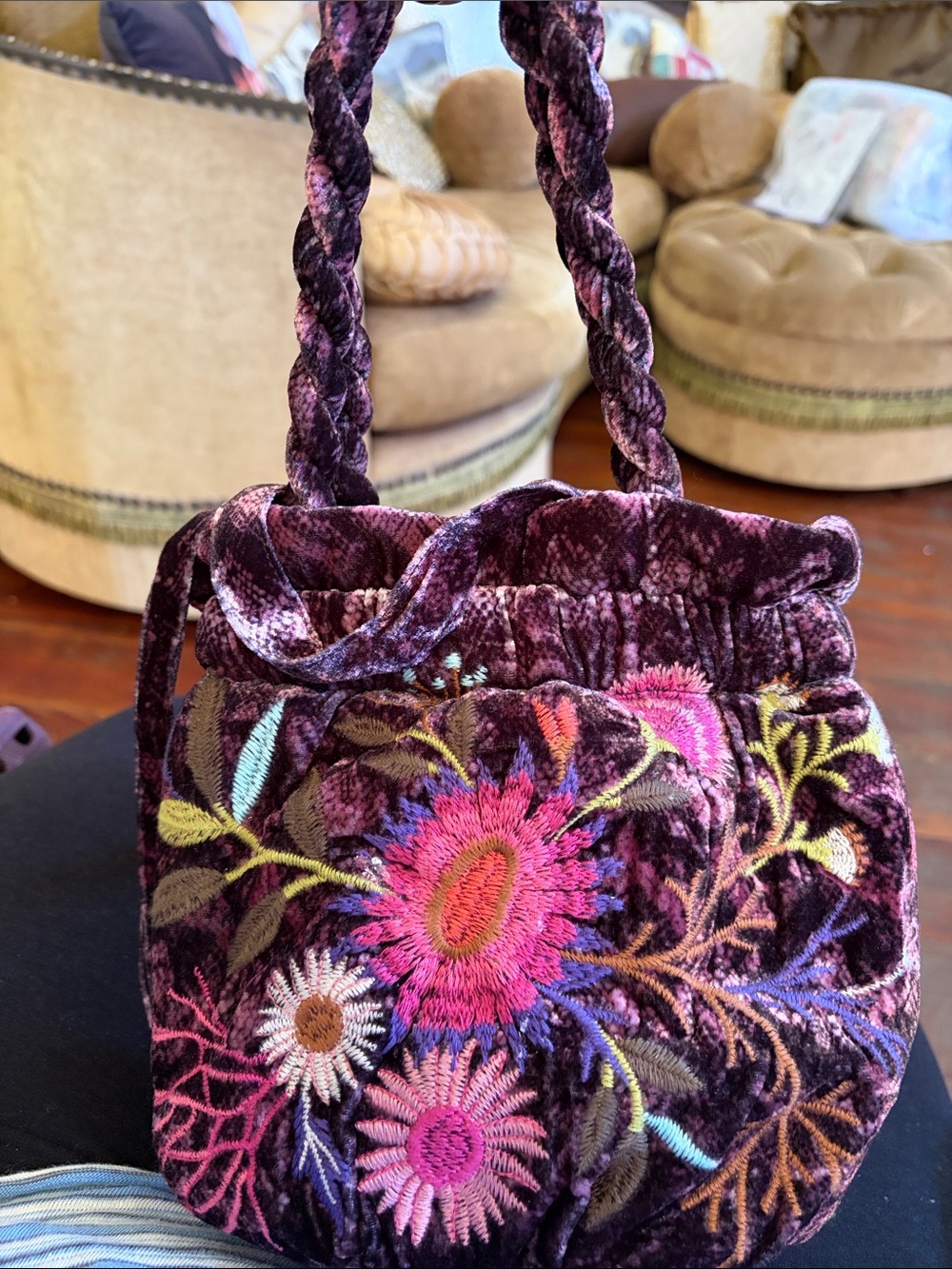 Johnny Was Plum Velvet Mini Drawstring Bag with Multicolor Floral Embroidery - Picture 5 of 5